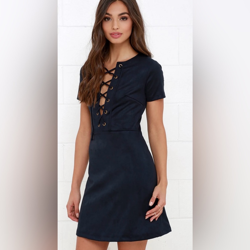 Lulus Closet Renovation Suede‎ Lace-Up Fit & Flare Navy Blue Mini Dress Size XS